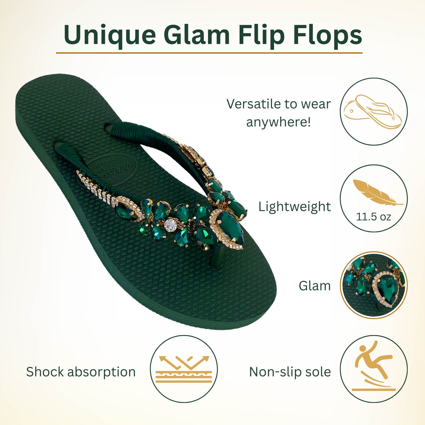 AdDRESSingMe™ Luxurious Emerald Green Flip Flops With Rhinestones – Sparkly, Soft & Stunning