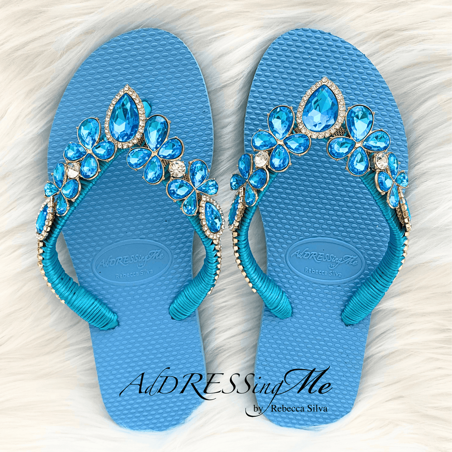 AdDRESSingMe™ Luxurious Light Blue Flip Flops With Rhinestones - – Serene, Soft & Stunning - AdDRESSingMe