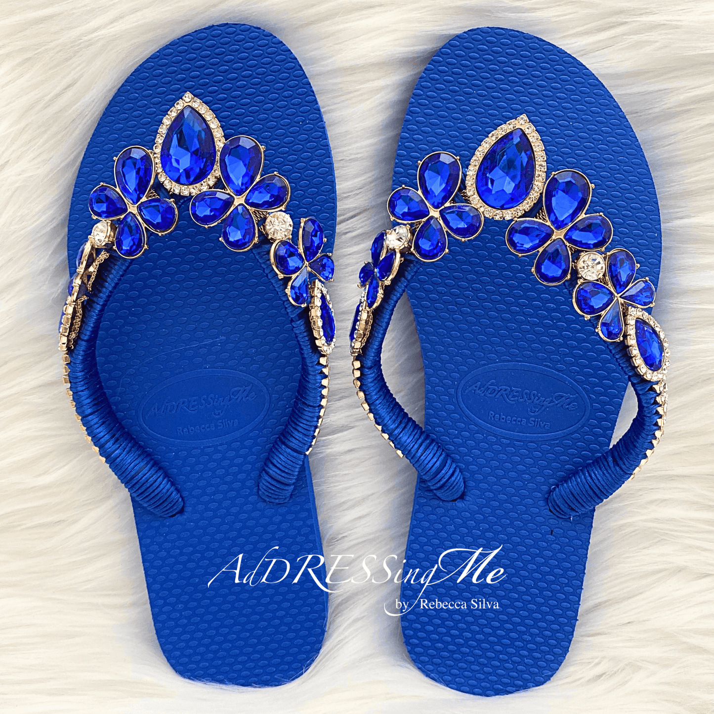 AdDRESSingMe™ Luxurious Royal Blue Flip Flops With Rhinestones - AdDRESSingMe