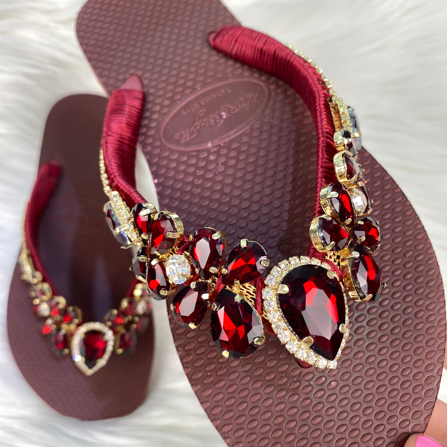 AdDRESSingMe™ Luxurious Burgundy Flip Flops With Rhinestones - Bold, Soft & Beautiful