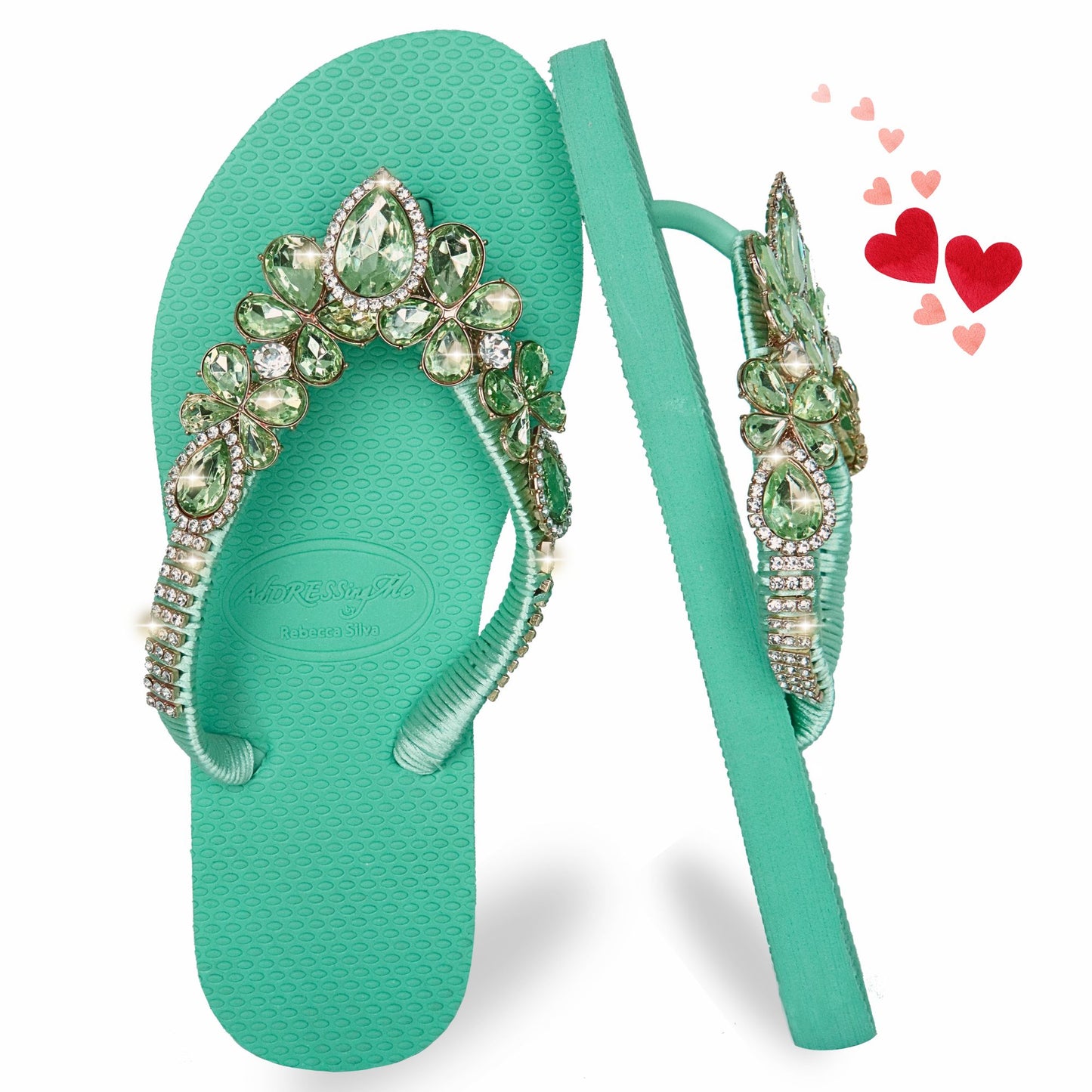 AdDRESSingMe™ Luxurious Light Green Flip Flops With Rhinestones – Fresh, Soft & Sparkly