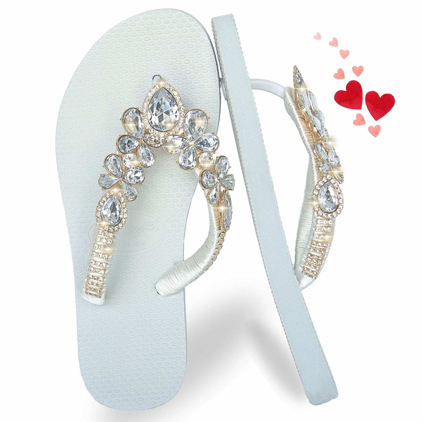 AdDRESSingMe™ Luxurious White Flip Flops With Rhinestones