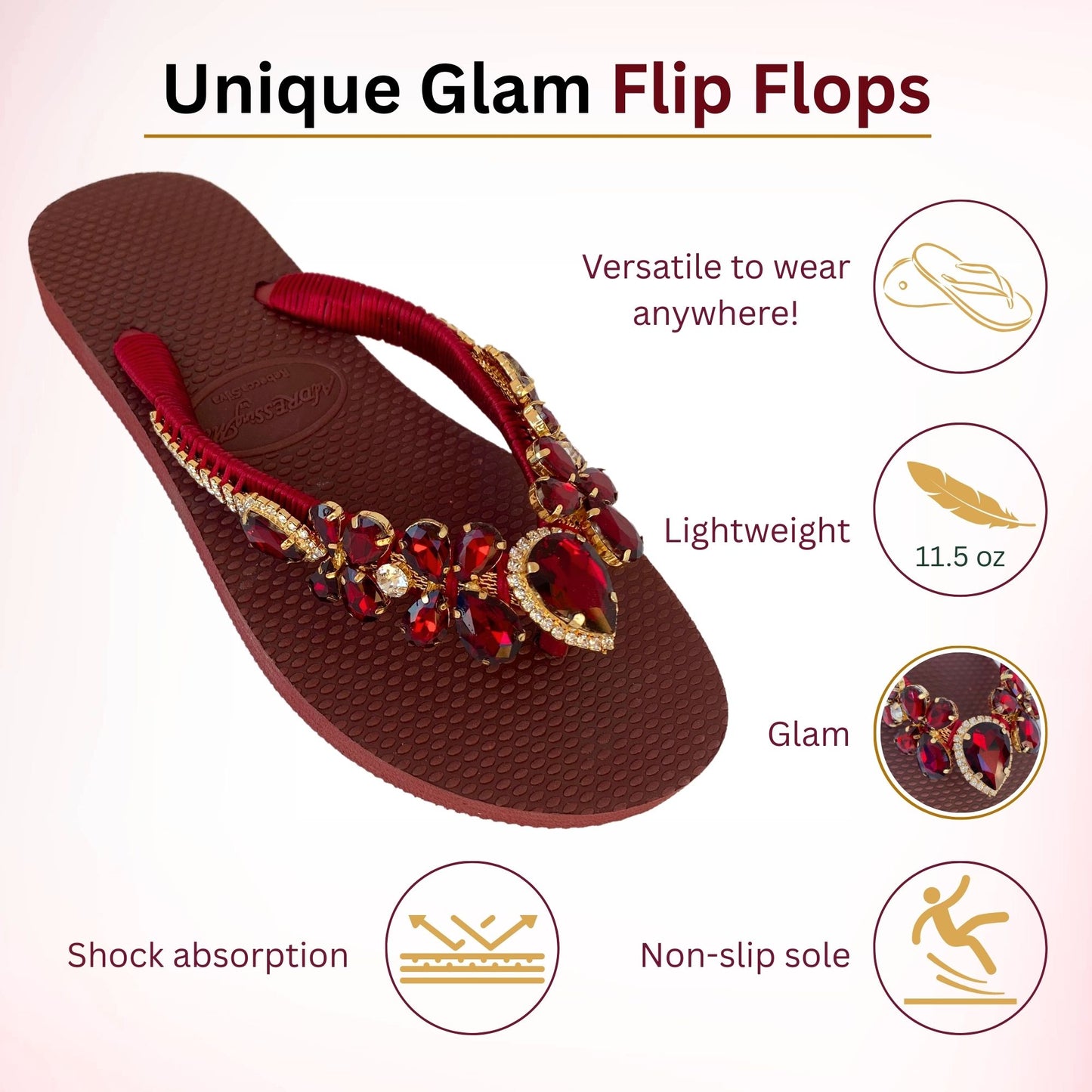 AdDRESSingMe™ Luxurious Burgundy Flip Flops With Rhinestones - Bold, Soft & Beautiful