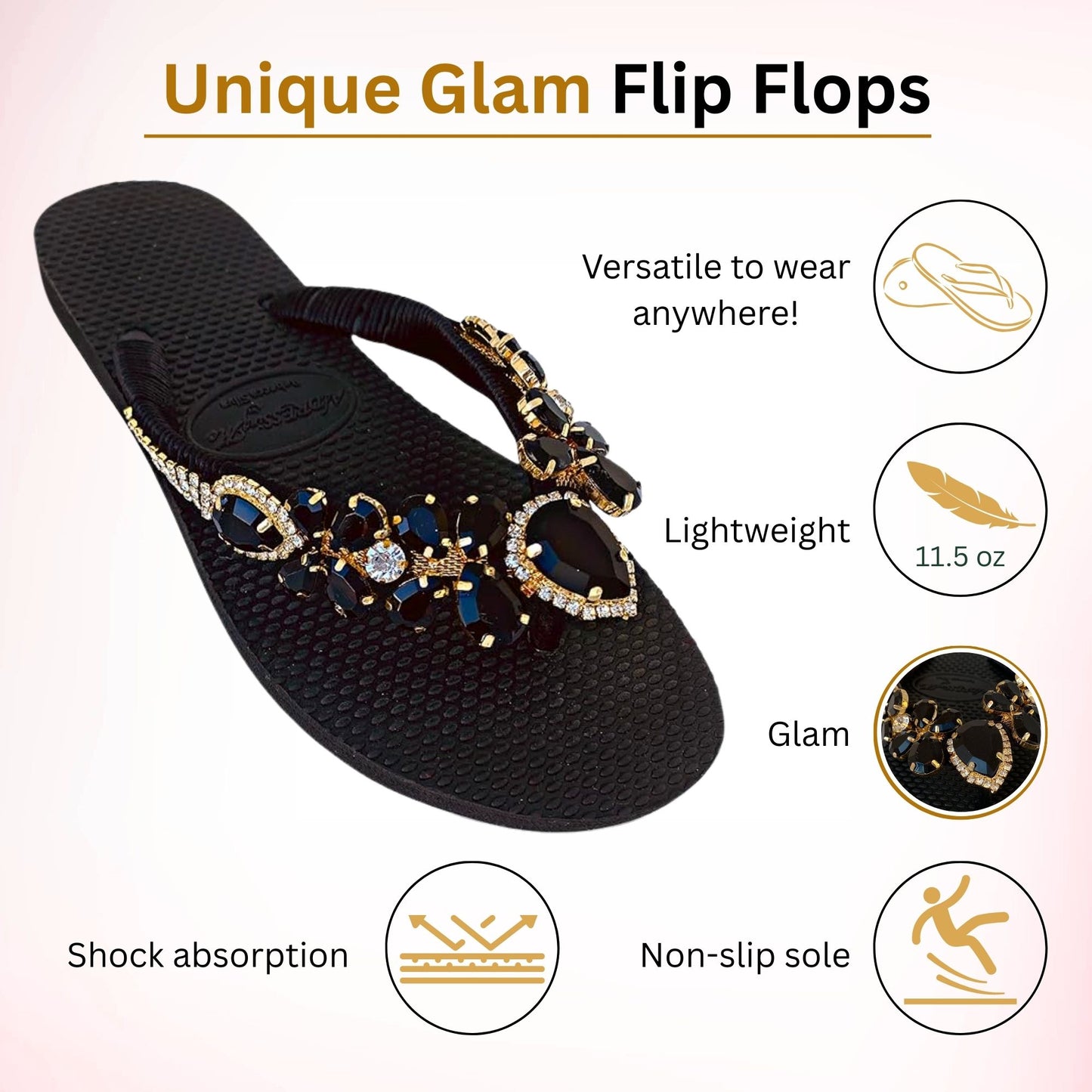 AdDRESSingMe™ Black Luxurious Flip Flops With Rhinestones