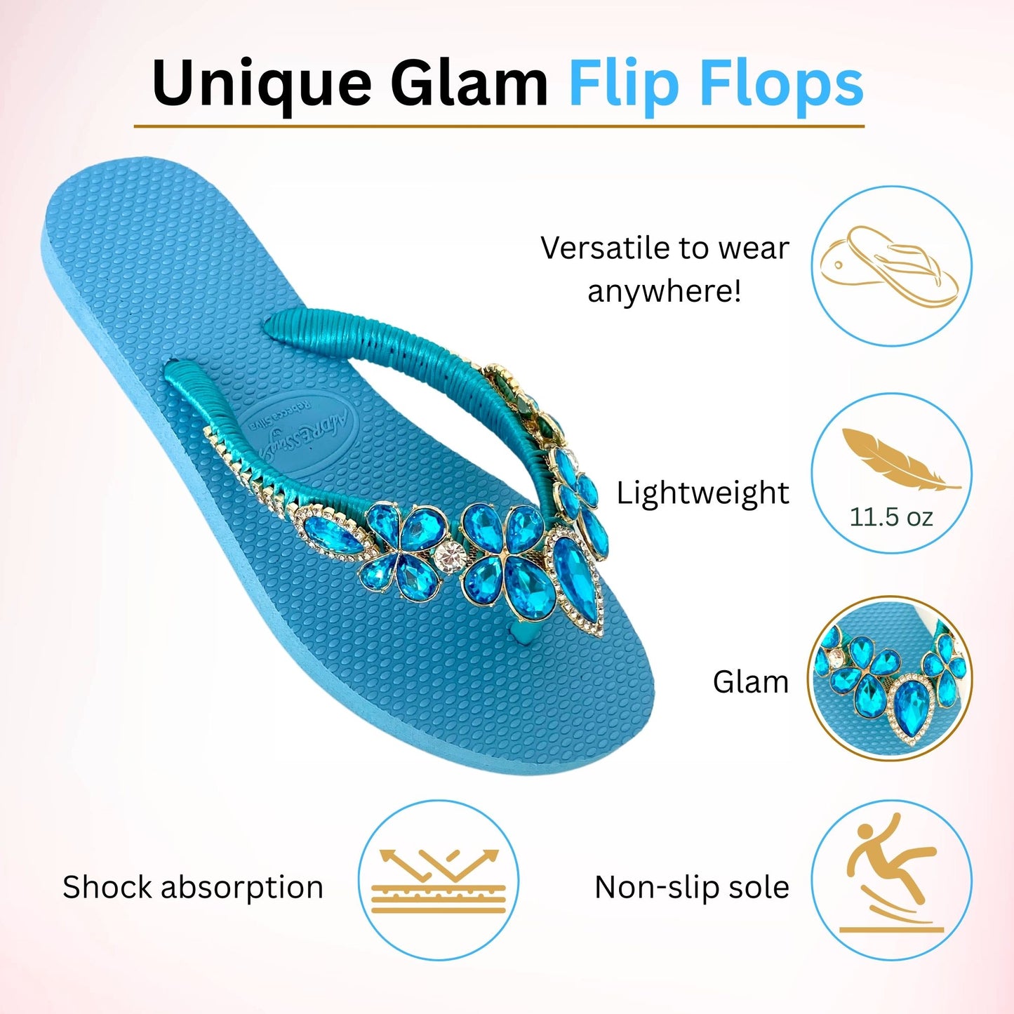 AdDRESSingMe™ Luxurious Light Blue Flip Flops With Rhinestones - – Serene, Soft & Stunning