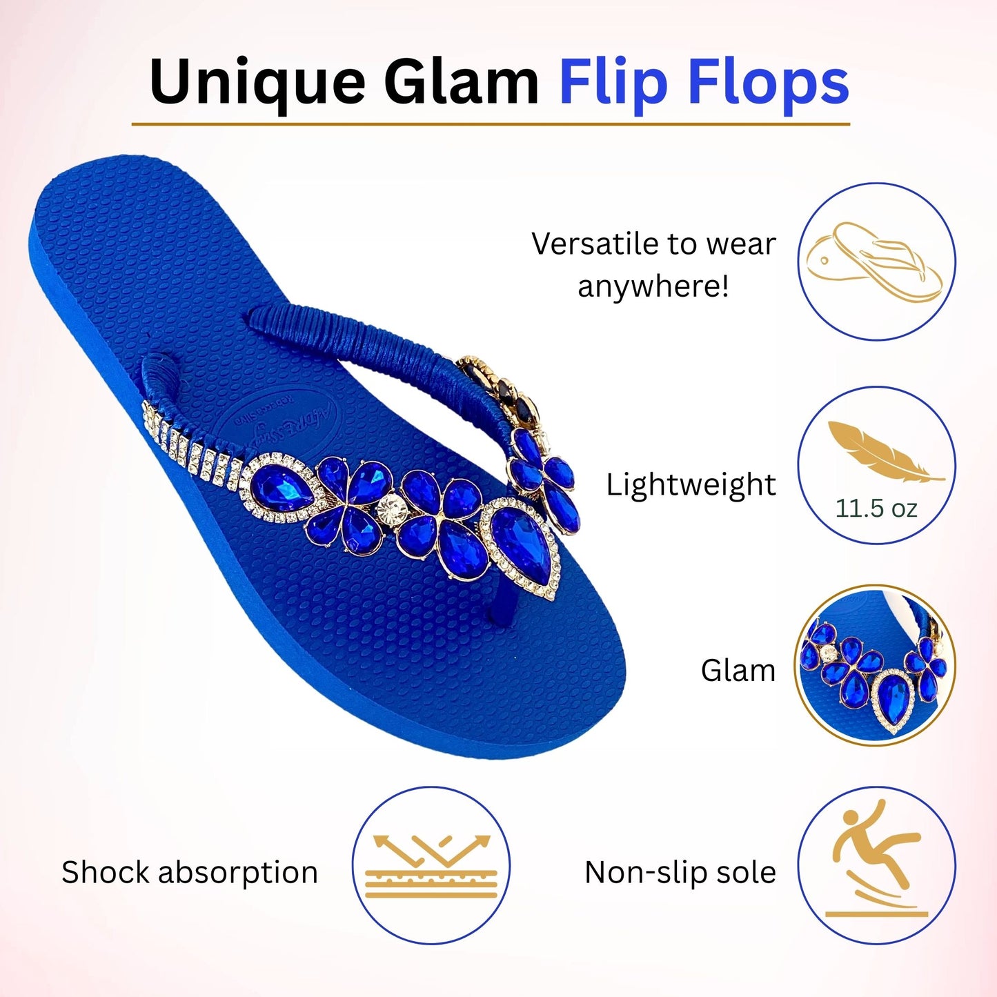 AdDRESSingMe™ Luxurious Royal Blue Flip Flops With Rhinestones