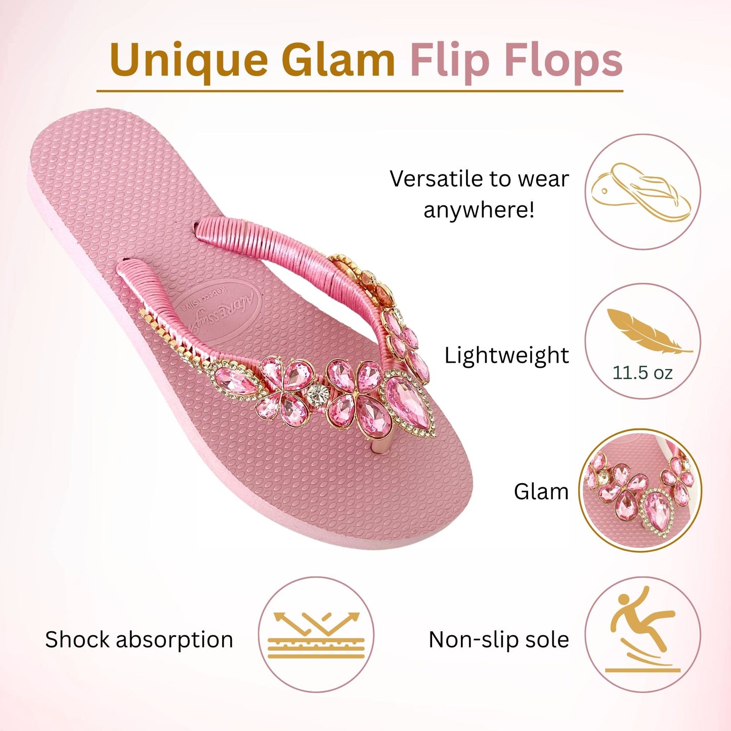 AdDRESSingMe™ Luxurious Light Pink Flip Flops With Rhinestones – Soft, Feminine & Sparkly