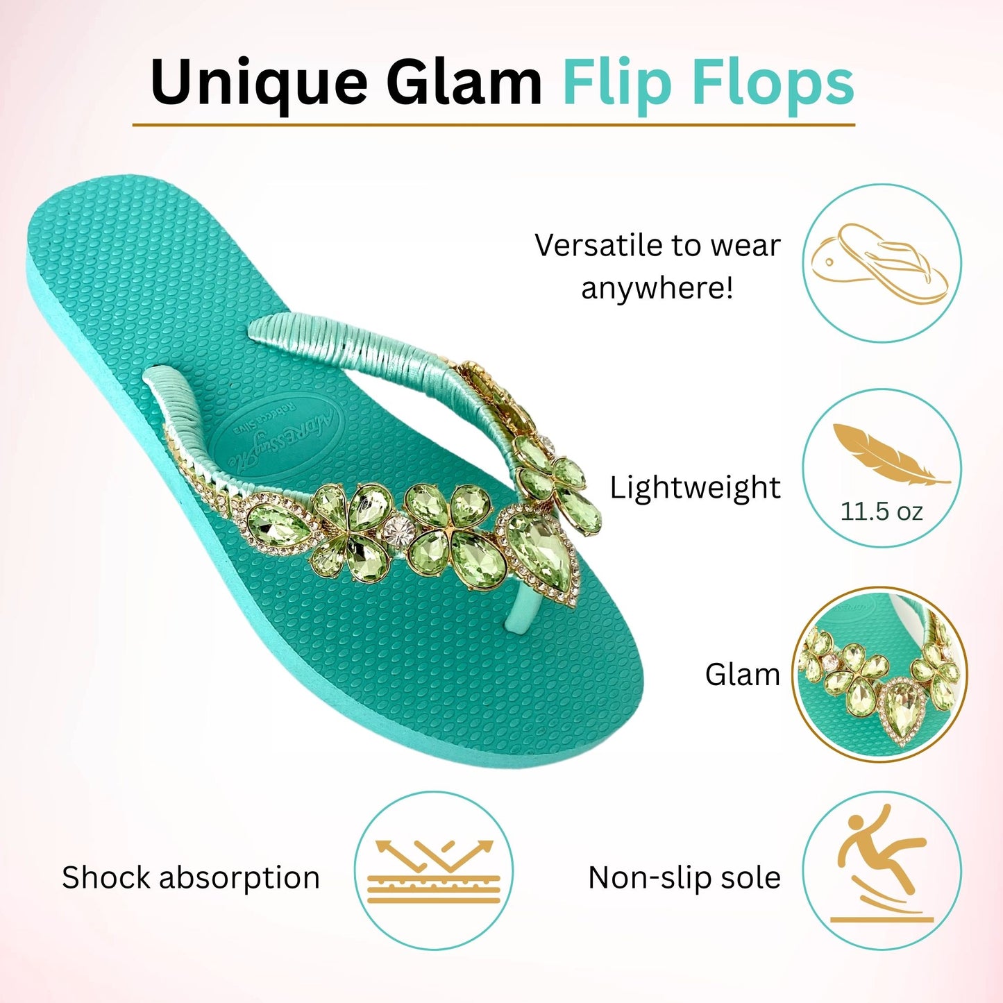AdDRESSingMe™ Luxurious Light Green Flip Flops With Rhinestones – Fresh, Soft & Sparkly