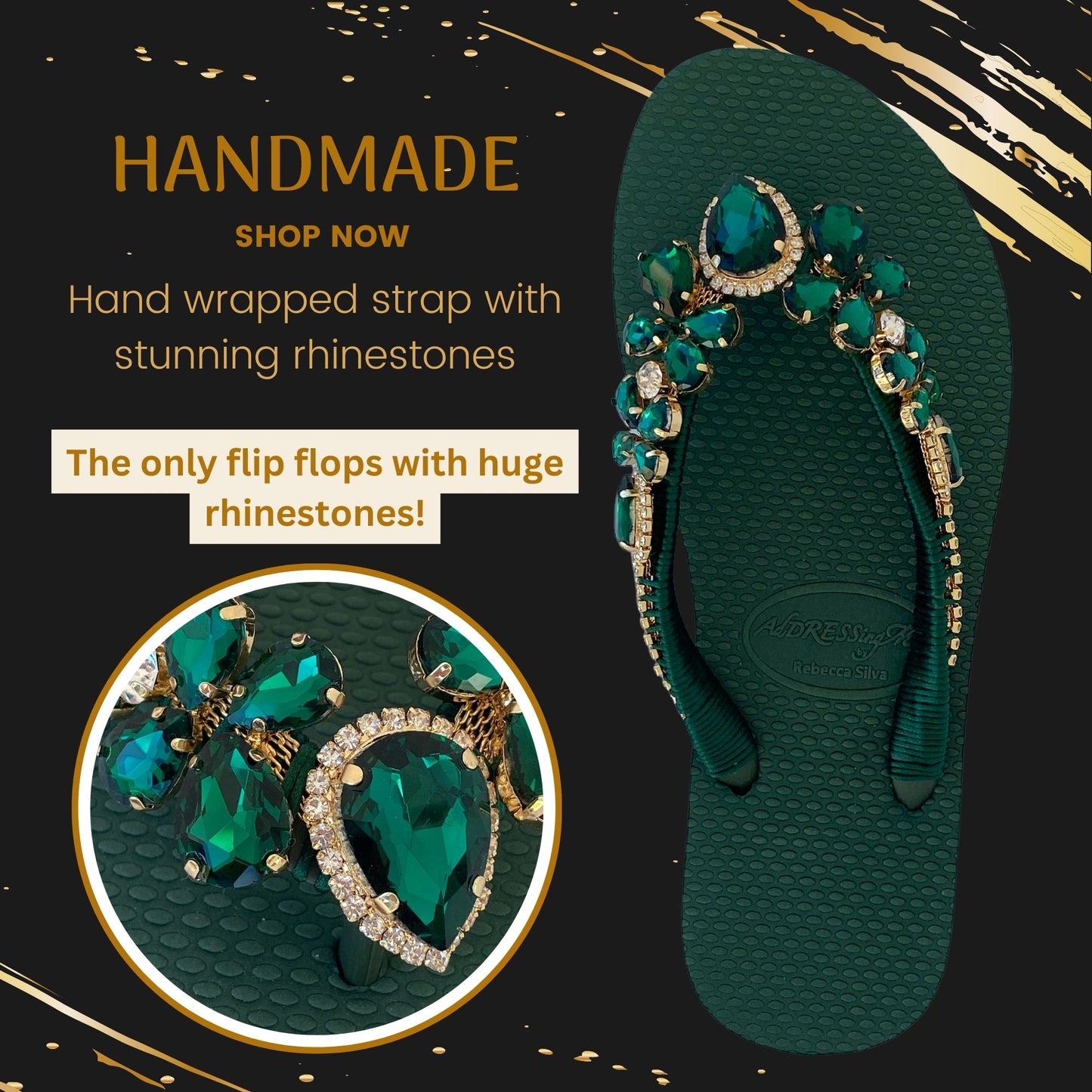 AdDRESSingMe™ Luxurious Emerald Green Flip Flops With Rhinestones – Sparkly, Soft & Stunning