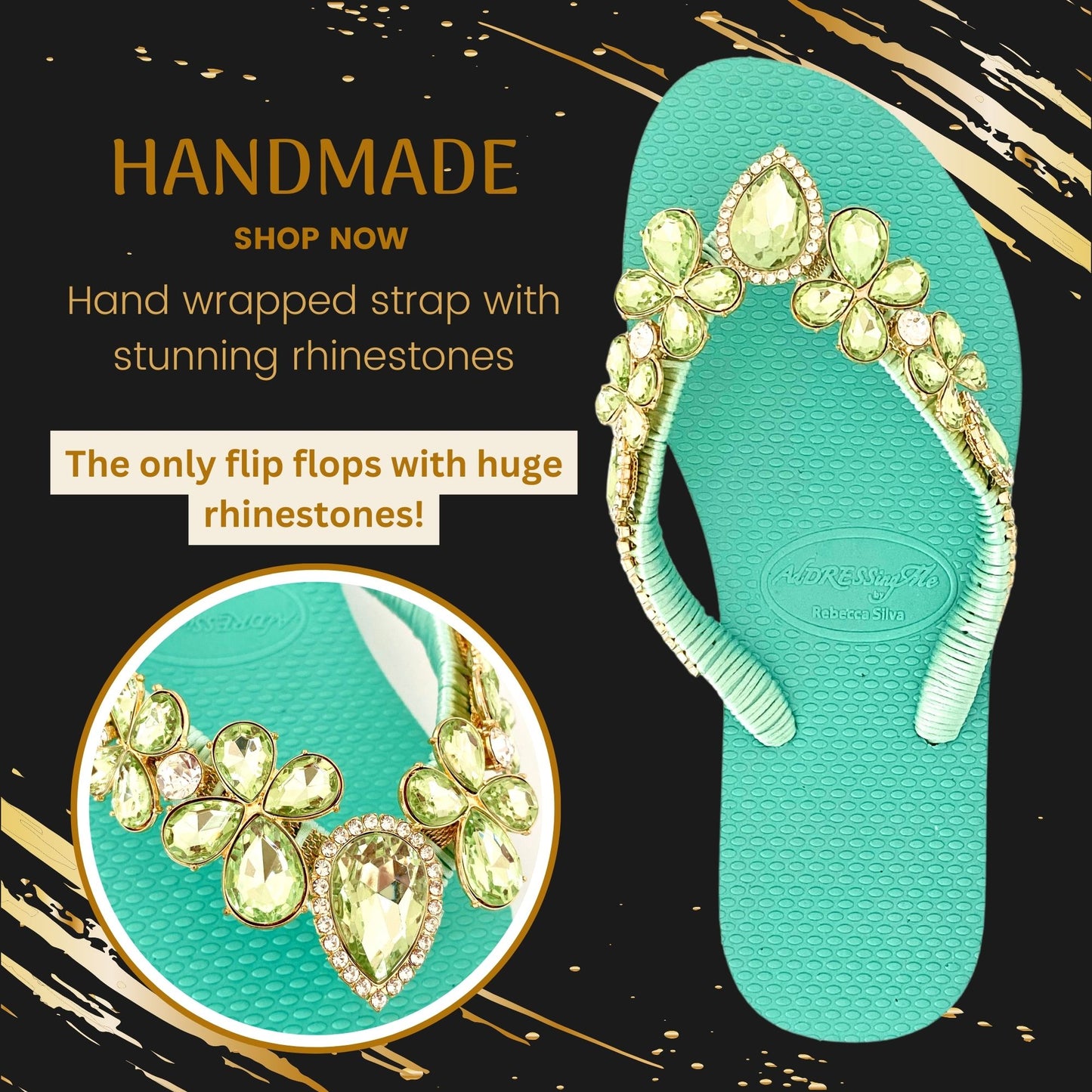 AdDRESSingMe™ Luxurious Light Green Flip Flops With Rhinestones – Fresh, Soft & Sparkly