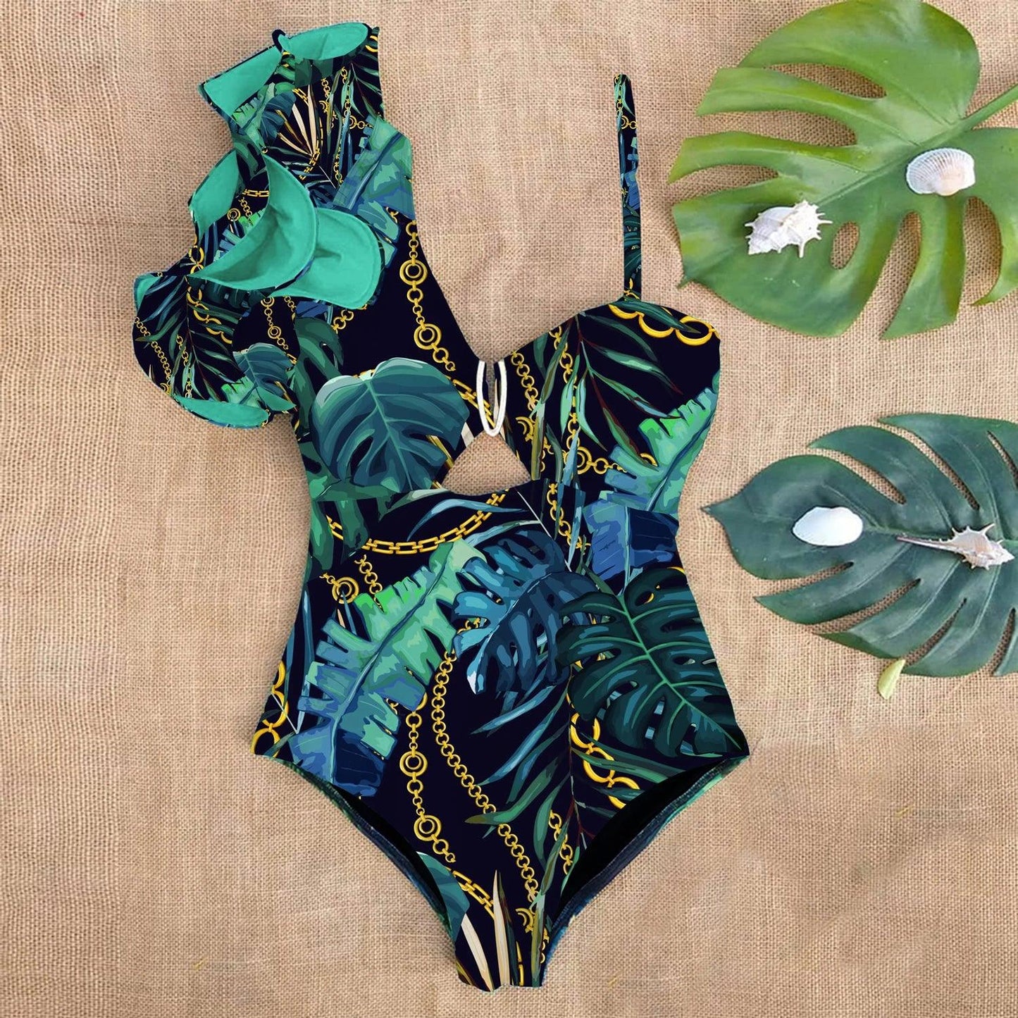 One Piece One Shoulder Ruffle Swimsuit With Tropical Prints - AdDRESSingMe