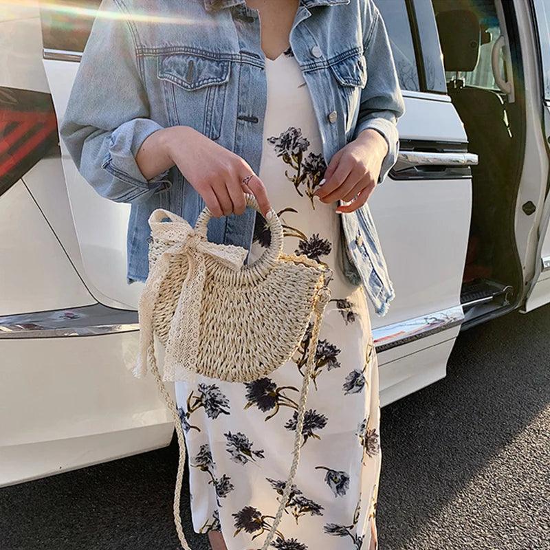 Hand-Woven Rattan Moon Shape Lace Bow Bag - AdDRESSingMe