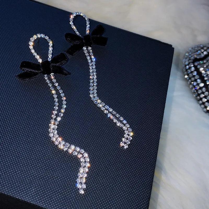 Long Tassel Drop Rhinestone Black Bow Earring - AdDRESSingMe