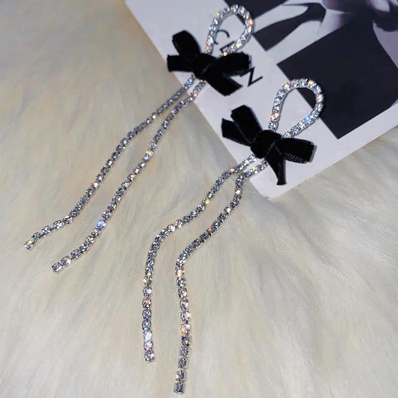 Long Tassel Drop Rhinestone Black Bow Earring - AdDRESSingMe