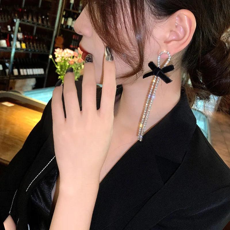 Long Tassel Drop Rhinestone Black Bow Earring - AdDRESSingMe