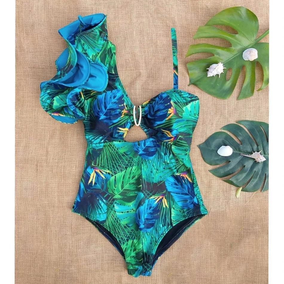 One Piece One Shoulder Ruffle Swimsuit With Tropical Prints - AdDRESSingMe