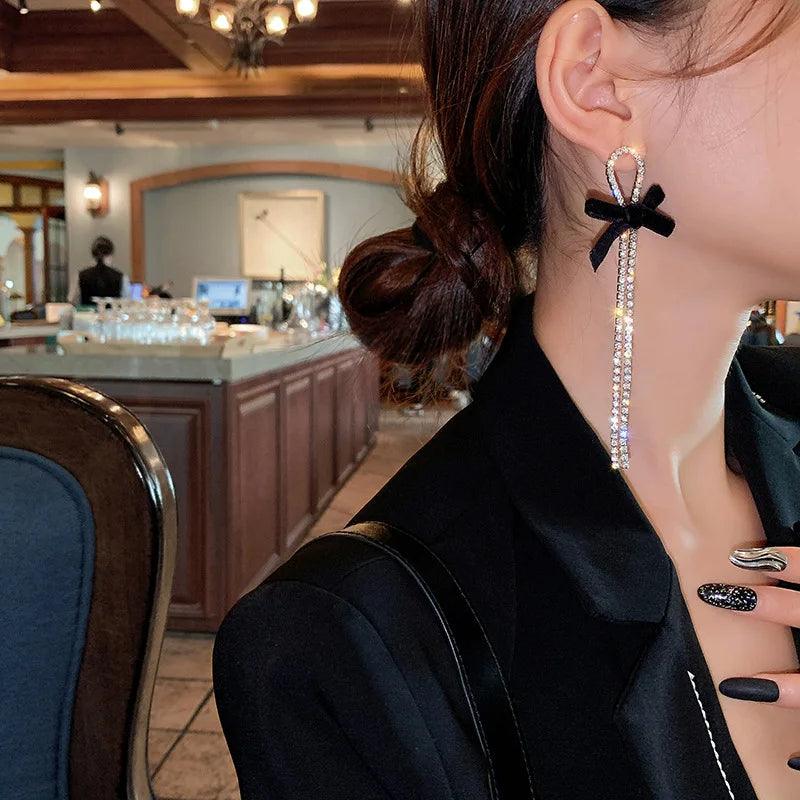 Long Tassel Drop Rhinestone Black Bow Earring - AdDRESSingMe