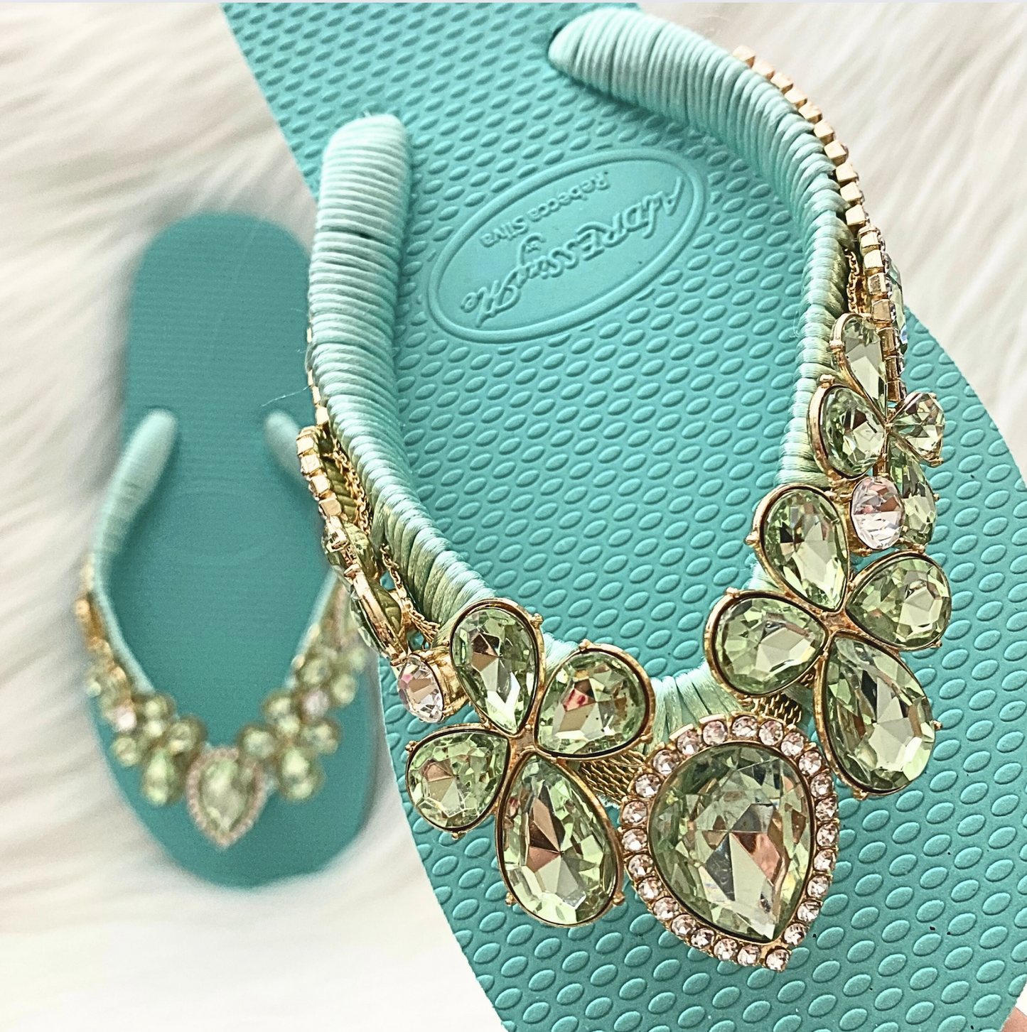 AdDRESSingMe™ Luxurious Light Green Flip Flops With Rhinestones – Fresh, Soft & Sparkly