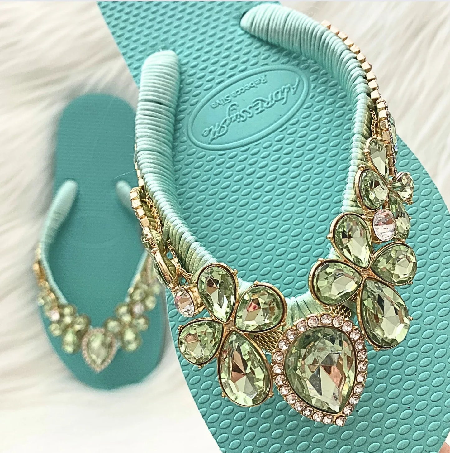 AdDRESSingMe™ Luxurious Light Green Flip Flops With Rhinestones – Fresh, Soft & Sparkly