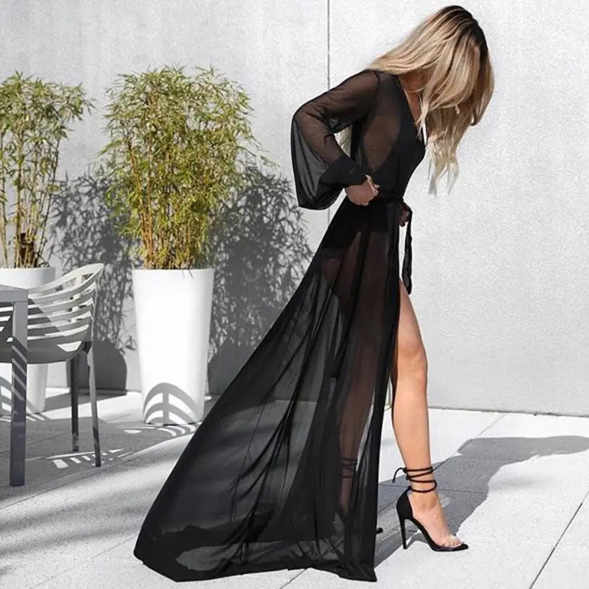 Elegant Black Sheer Maxi Cover-Up Dress for Women – Deep V Neck, High Slit, Long Sleeve Beach Cover-Up - AdDRESSingMe