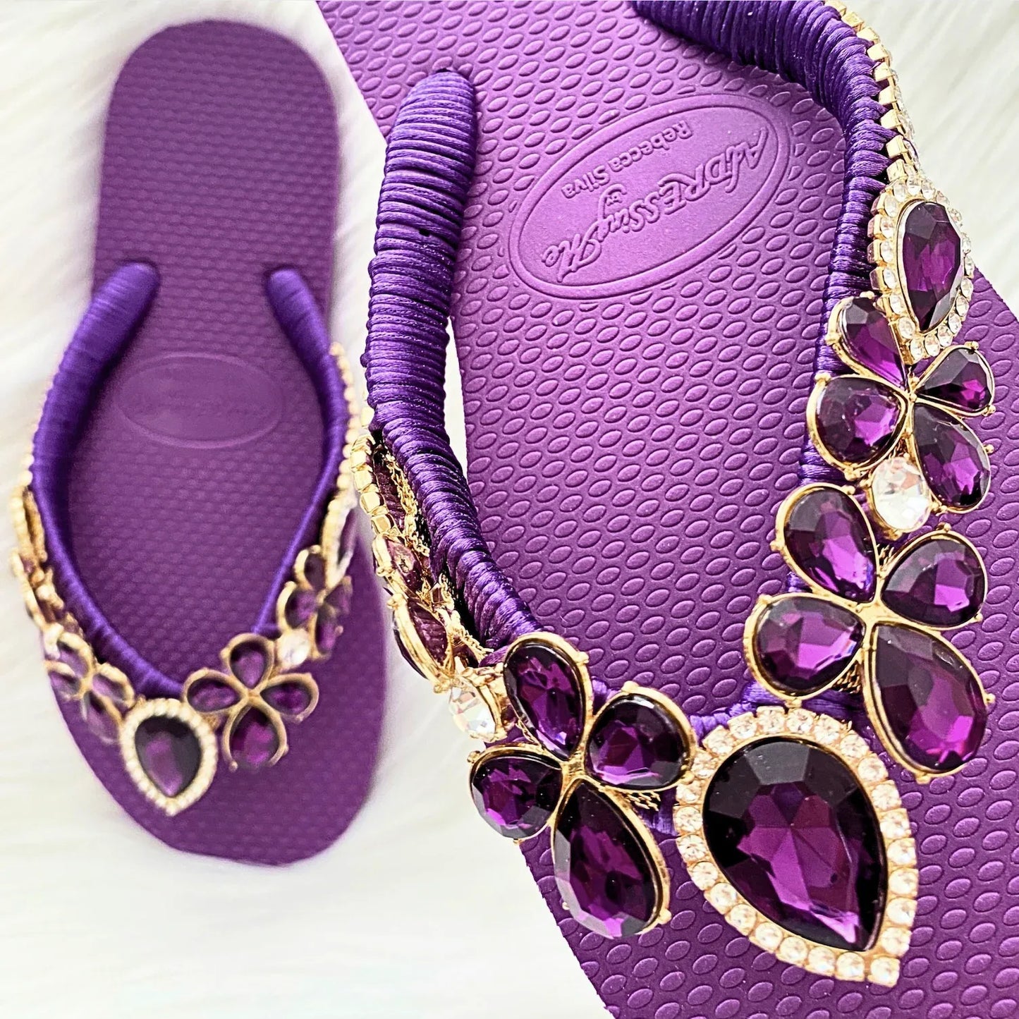 AdDRESSingMe™ Purple Flip Flops With Rhinestones – Royal, Soft & Radiant