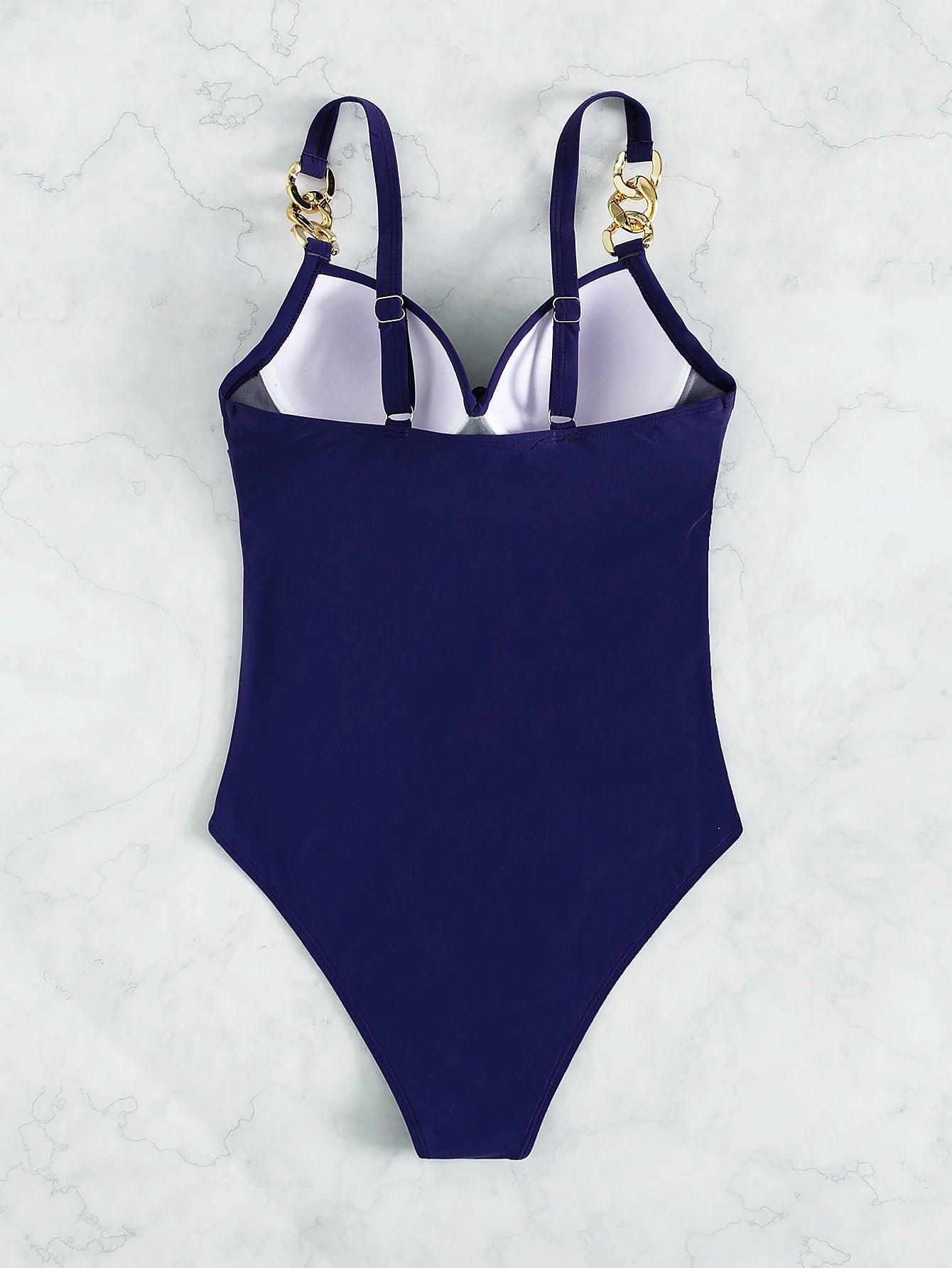 Royal Blue Gold Chain Strap One Piece Swimsuit - AdDRESSingMe