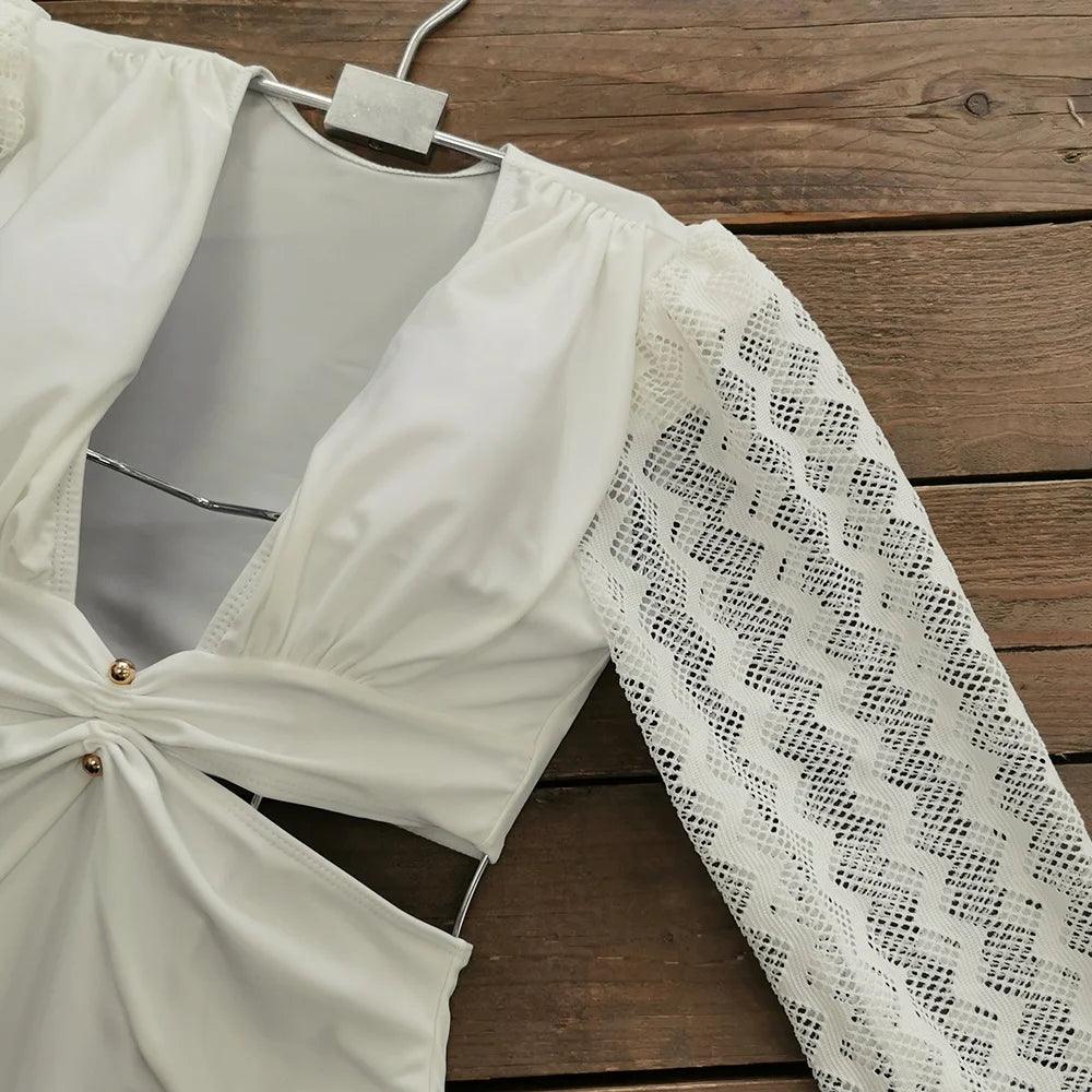 Retro Long Hollow Out Sleeve One Piece Swimsuit - AdDRESSingMe