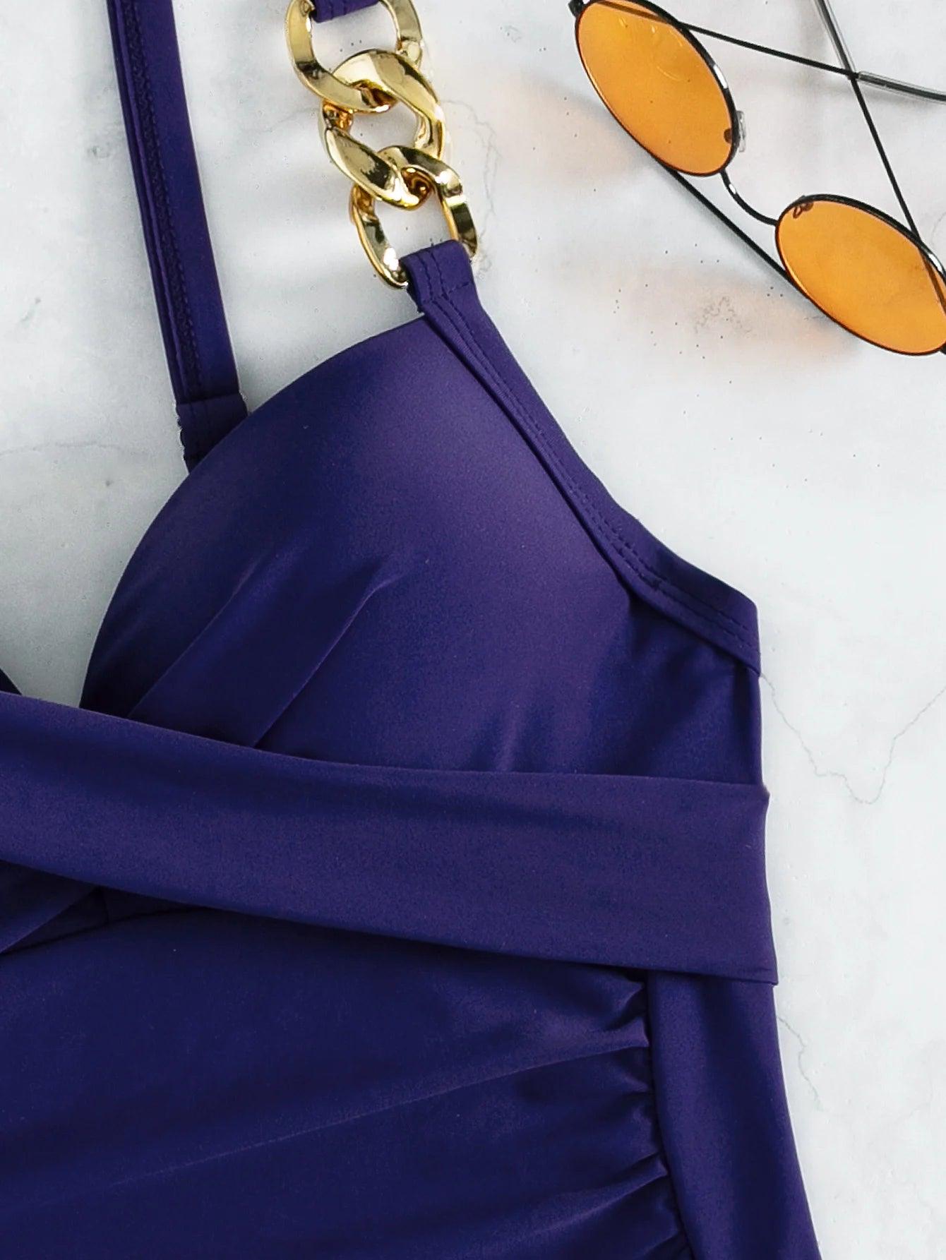 Royal Blue Gold Chain Strap One Piece Swimsuit - AdDRESSingMe