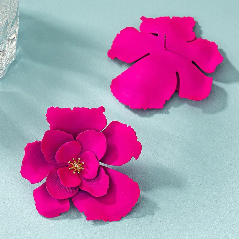 Bold Pink Flower Statement Earrings – Glamorous Double Bloom Design - AdDRESSingMe