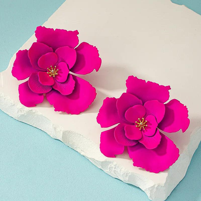 Bold Pink Flower Statement Earrings – Glamorous Double Bloom Design - AdDRESSingMe