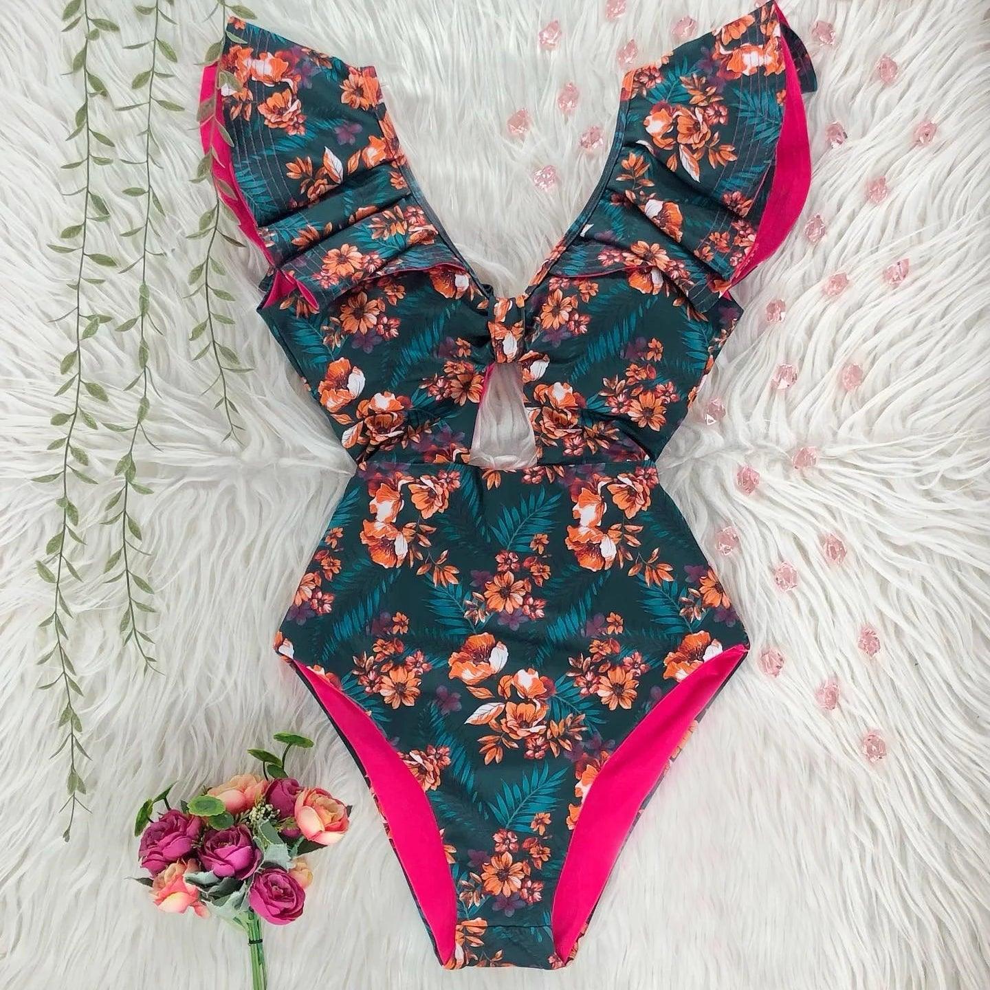 Deep V-neck Ruffle Shoulders One Piece Swimsuit - AdDRESSingMe