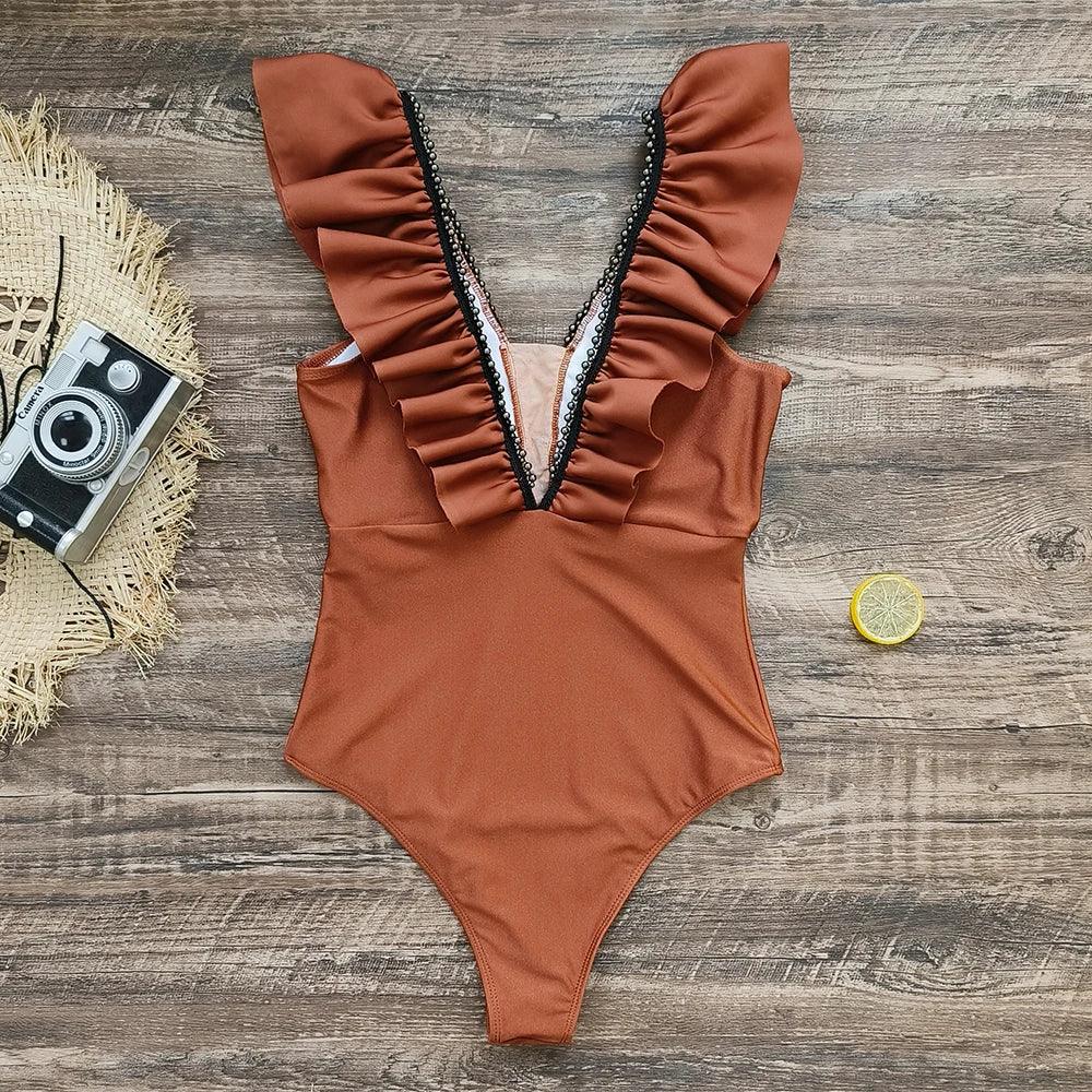 Solid Color Front V Shaped Ruffled Cut One Piece Swimsuit - AdDRESSingMe
