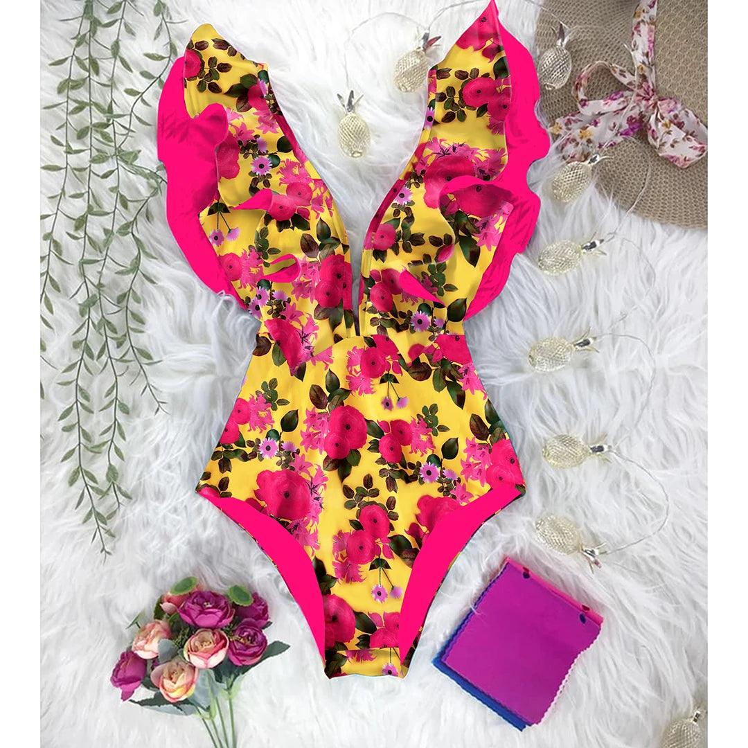 Deep V-neck Ruffle Shoulders One Piece Swimsuit - AdDRESSingMe