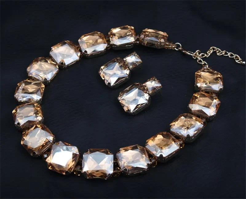 Geometric Crystal Rhinestone Necklace and Earring Set- Champagne - AdDRESSingMe