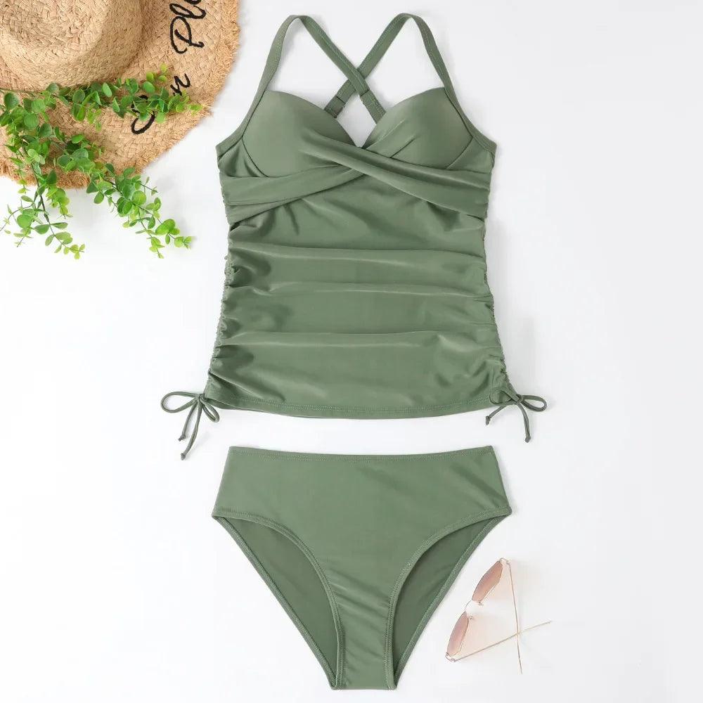 Leopard Top and Black Bottom Tankini Set - AdDRESSingMe