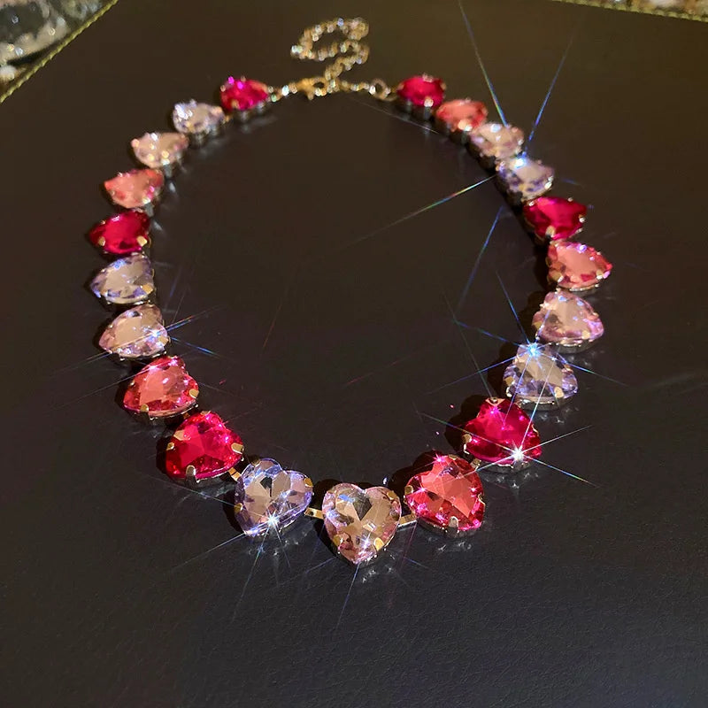 Pink Geometric Heart Crystal Choker Necklace for Women
