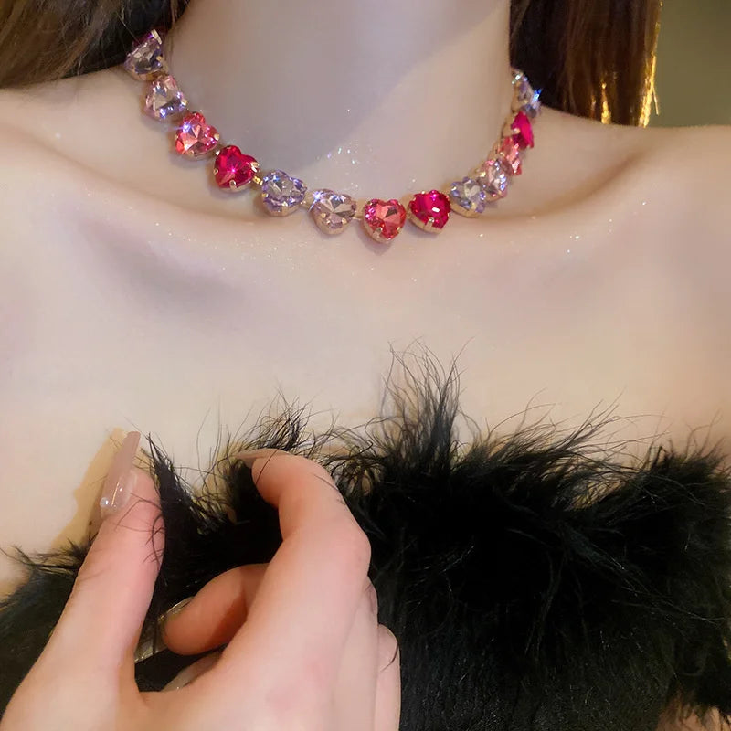 Pink Geometric Heart Crystal Choker Necklace for Women