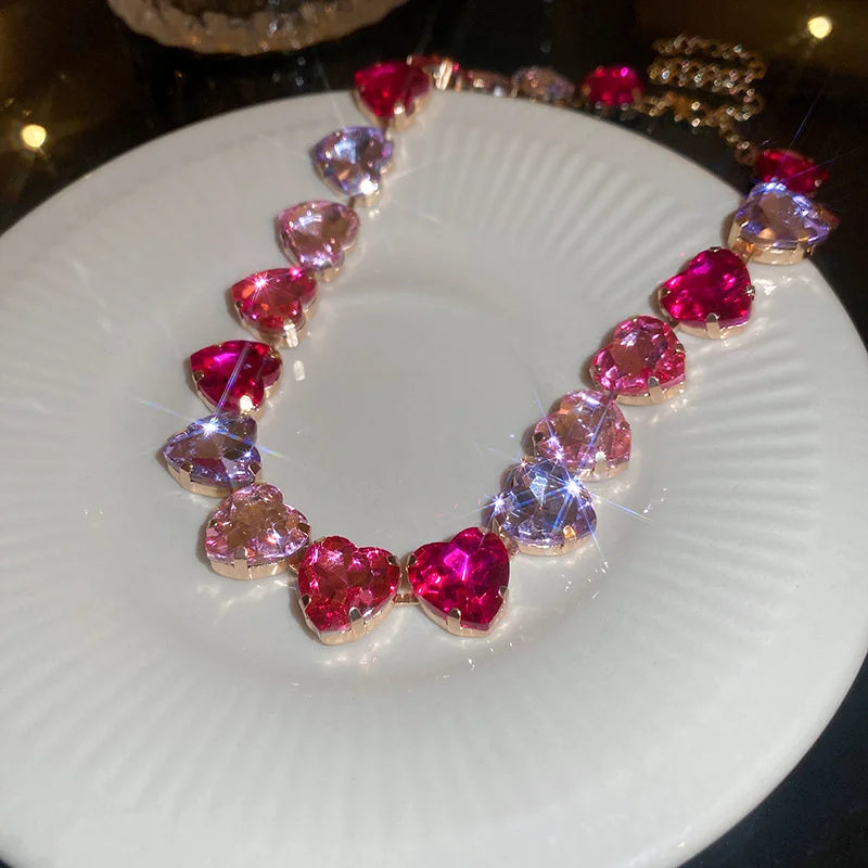 Pink Geometric Heart Crystal Choker Necklace for Women