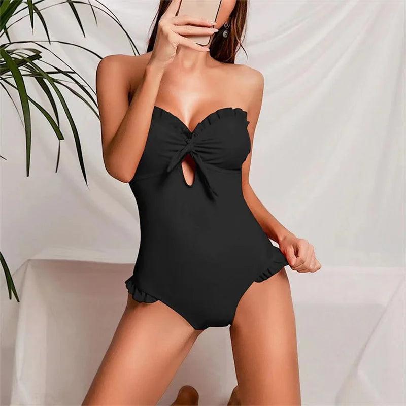 Bandeau Front Tie Ruffled One Piece Swimsuit - AdDRESSingMe