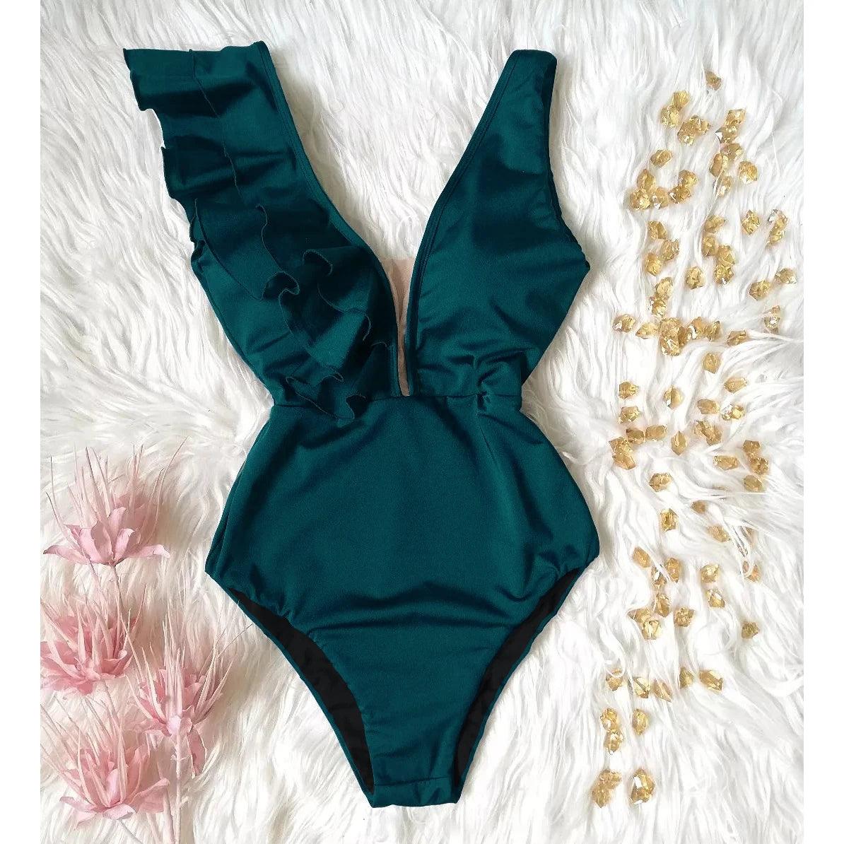 Deep V-neck Ruffle Shoulders One Piece Swimsuit - AdDRESSingMe