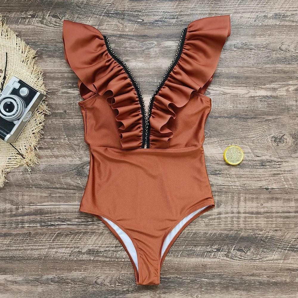 Solid Color Front V Shaped Ruffled Cut One Piece Swimsuit - AdDRESSingMe
