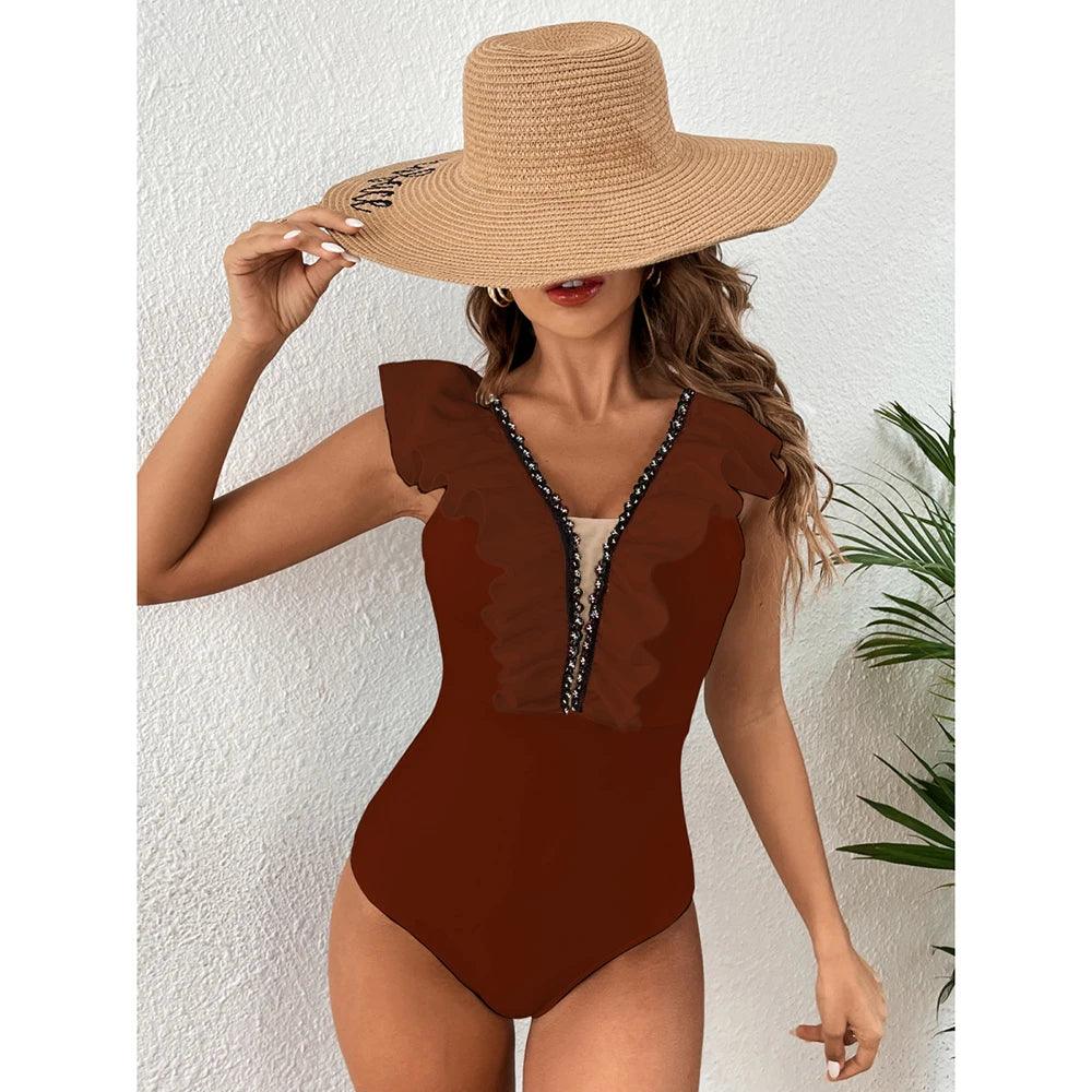 Solid Color Front V Shaped Ruffled Cut One Piece Swimsuit - AdDRESSingMe
