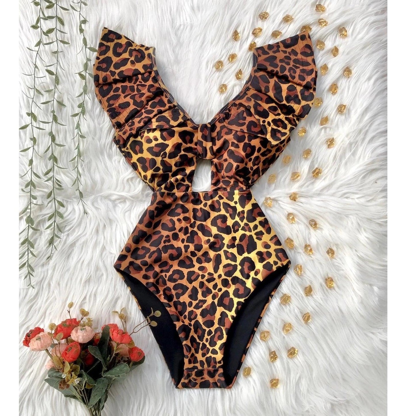 Deep V-neck Ruffle Shoulders One Piece Swimsuit - AdDRESSingMe