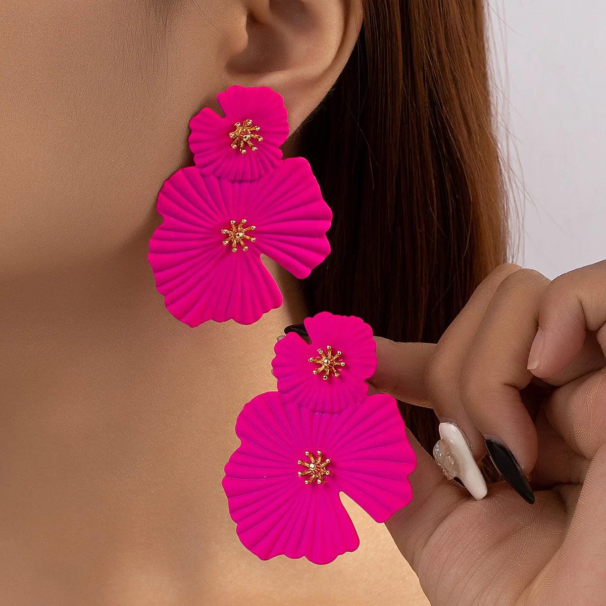 Bold Pink Flower Statement Earrings – Glamorous Double Bloom Design - AdDRESSingMe