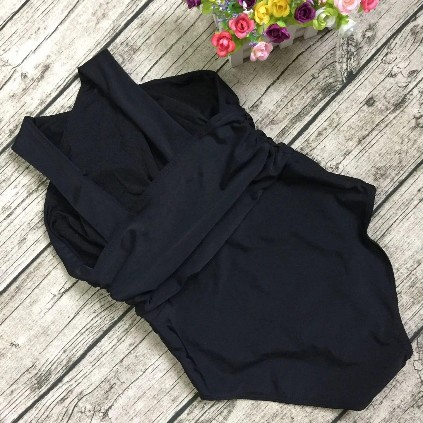 One Piece Cross Front Black Swimsuit With White and Black Skirt - AdDRESSingMe