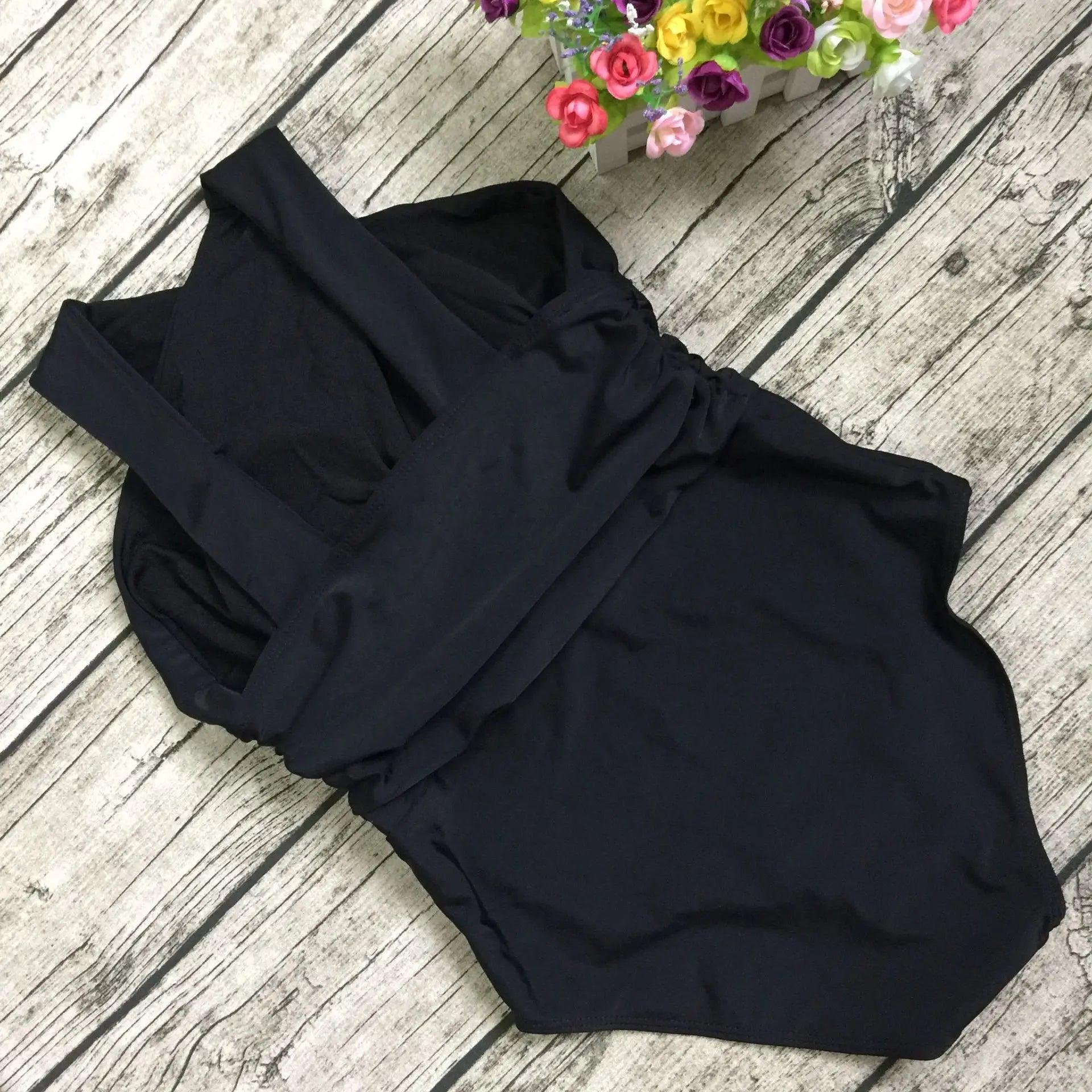 One Piece Cross Front Black Swimsuit With White and Black Skirt - AdDRESSingMe