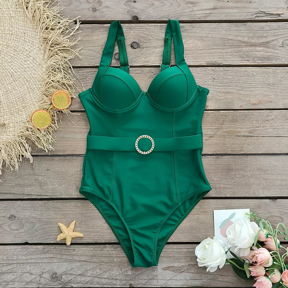 Elegant One Piece Pink Push Up Swimsuit With Belt