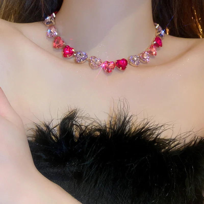 Pink Geometric Heart Crystal Choker Necklace for Women