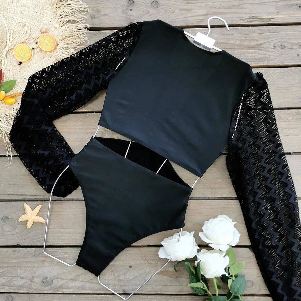 Retro Long Hollow Out Sleeve One Piece Swimsuit - AdDRESSingMe