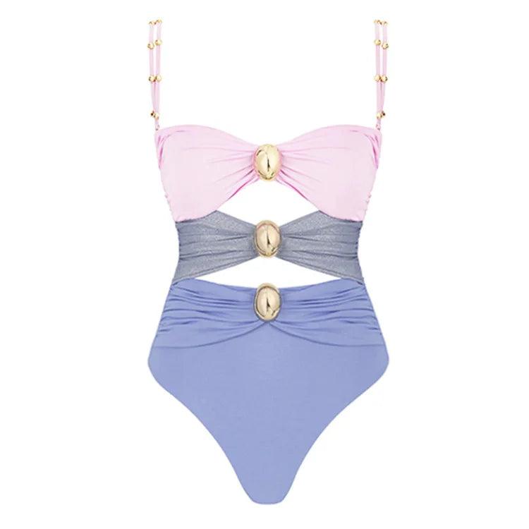 One Piece Swimsuit With Three Golden Accents and With Skirt - AdDRESSingMe